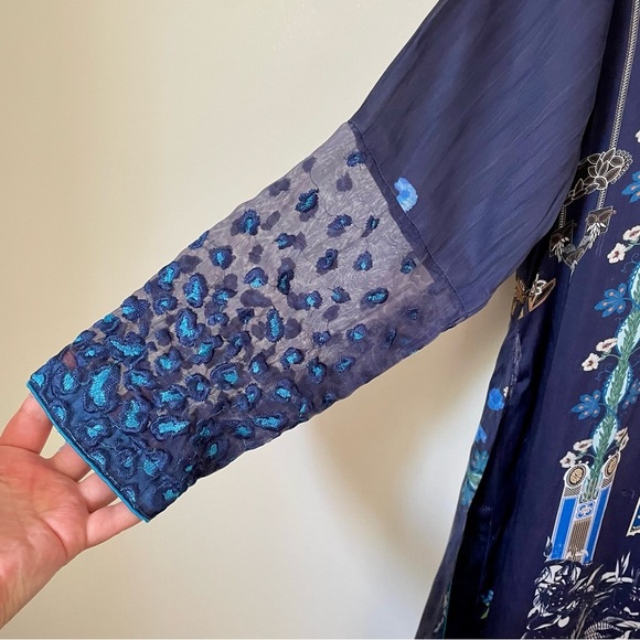 Satin Embroidered Tunic Top Blue Asian Print - Picture 4 of 7
